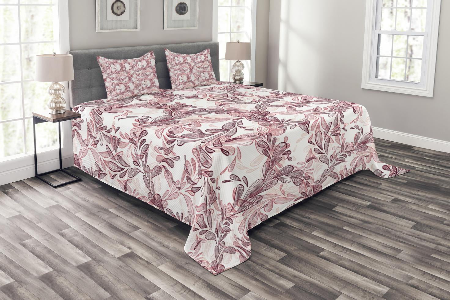 Floral Bedspread Set King Size, Romantic Nature Scroll Style Pattern