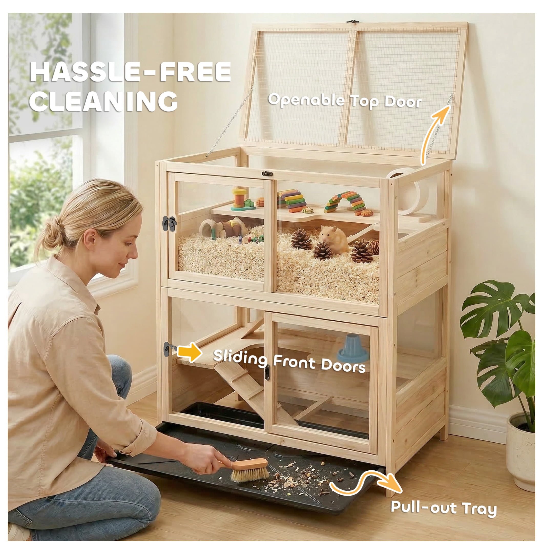 Wooden Hamster Cage 4 Tier, Small Animal Habitat w/Ramps & Hideouts