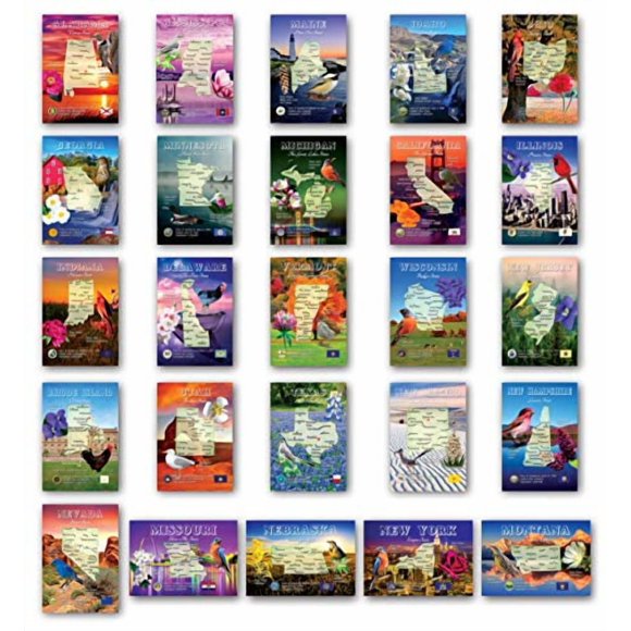 U.S. State Map Postcard Set of 50. Modern post cards variety pack. Postcards with maps of all fifty states of the United States of America. Made in USA.