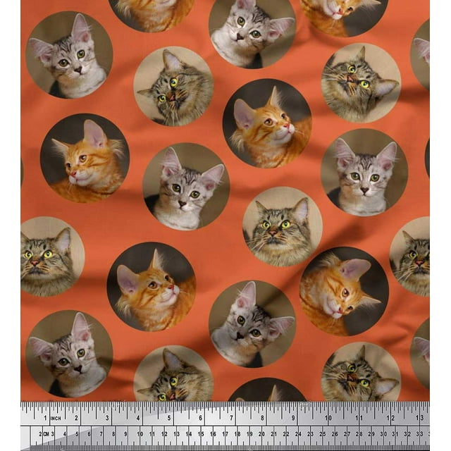 Soimoi Polyester Crepe Fabric Cat Face Animal Printed Fabric 1 Yard 52 Inch Wide