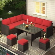 YODOLLA 7-Piece Patio Conversation Set with Dining Table, Brown Rattan Sofa and Red Cushions