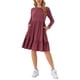 thumbnail image 2 of Vestido casual babydoll para mujer Inspire Chic con bolsillos, de manga larga, cuello redondo, con volantes y fluido, color rojo vino, 2 of 5