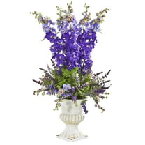 Nearly Natural 34in. Delphinium and Lavender Artificial Arrangement in White Urn