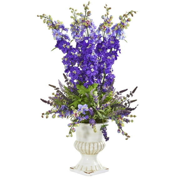 Nearly Natural 34in. Delphinium and Lavender Artificial Arrangement in White Urn