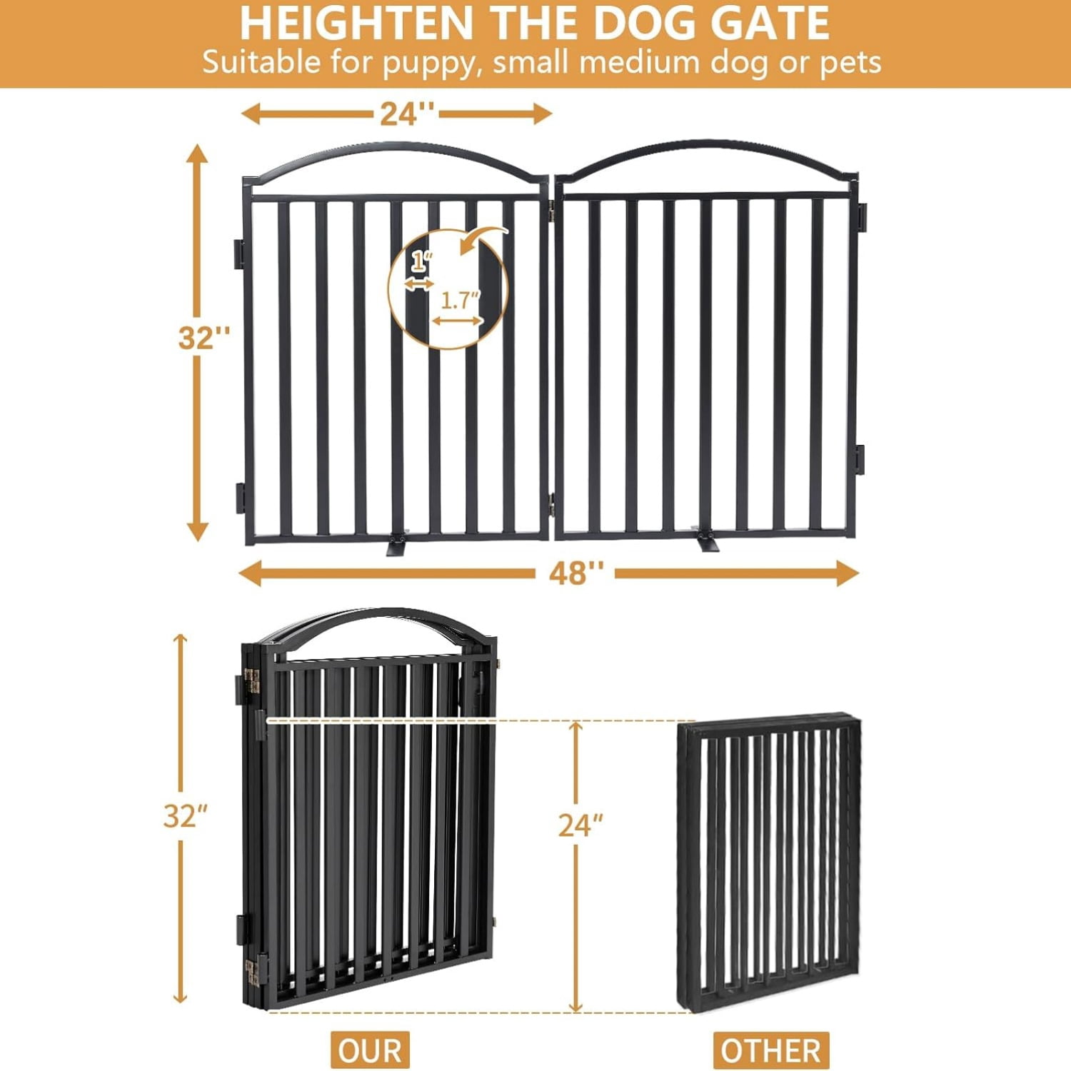 Metal Freestanding Dog Gates, 32'' Height Outdoor Indoor Dog Fences, 48'' Extra Wide Pet Gate, Foldable Puppy Free Standind Tall Pet Gate for Stairs, Hallways, Doorways, Yard (Black 2 Panels)