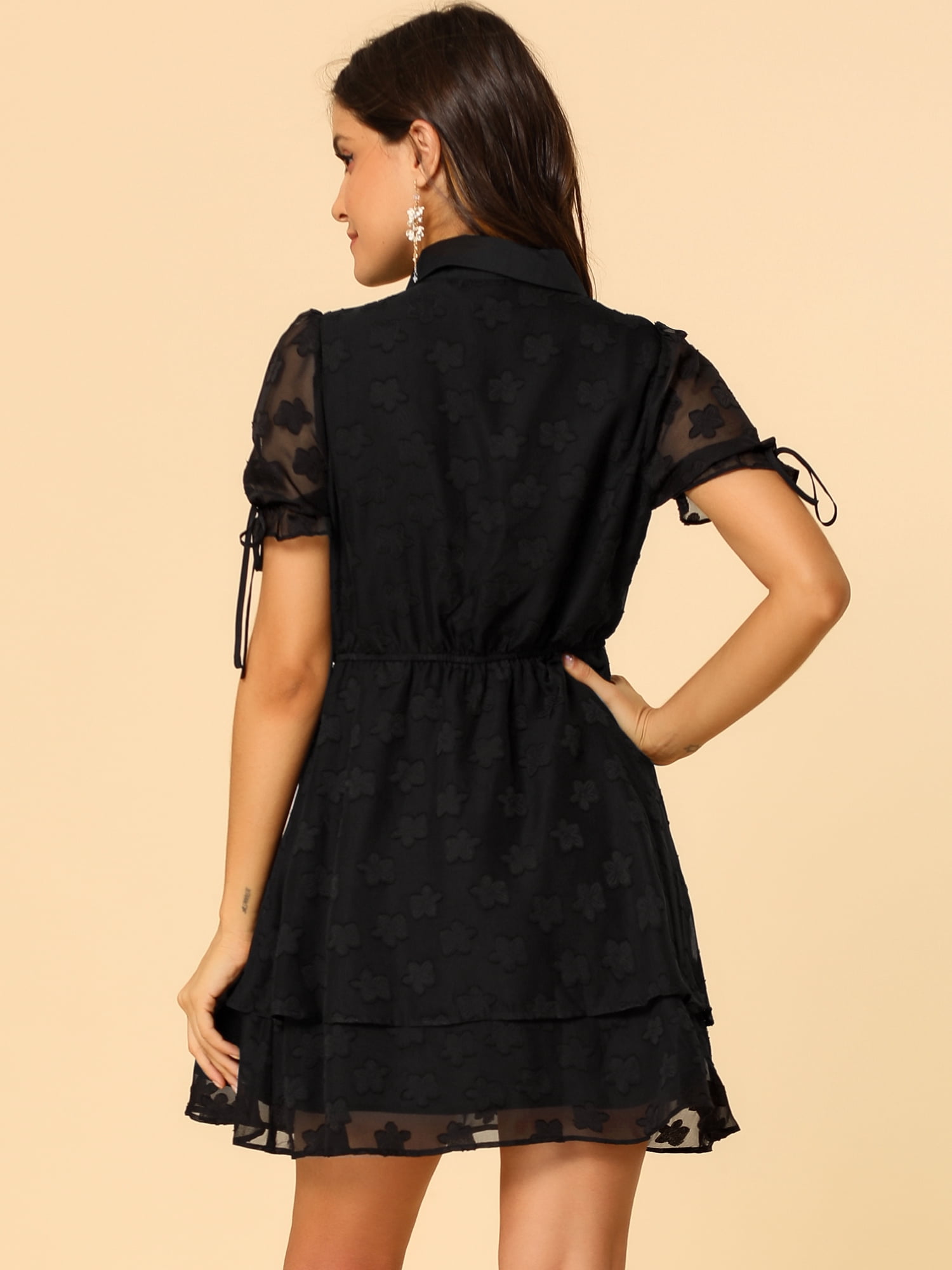 DARING DIVA Solid Short Sleeve A-Line Shirt Dress L Black