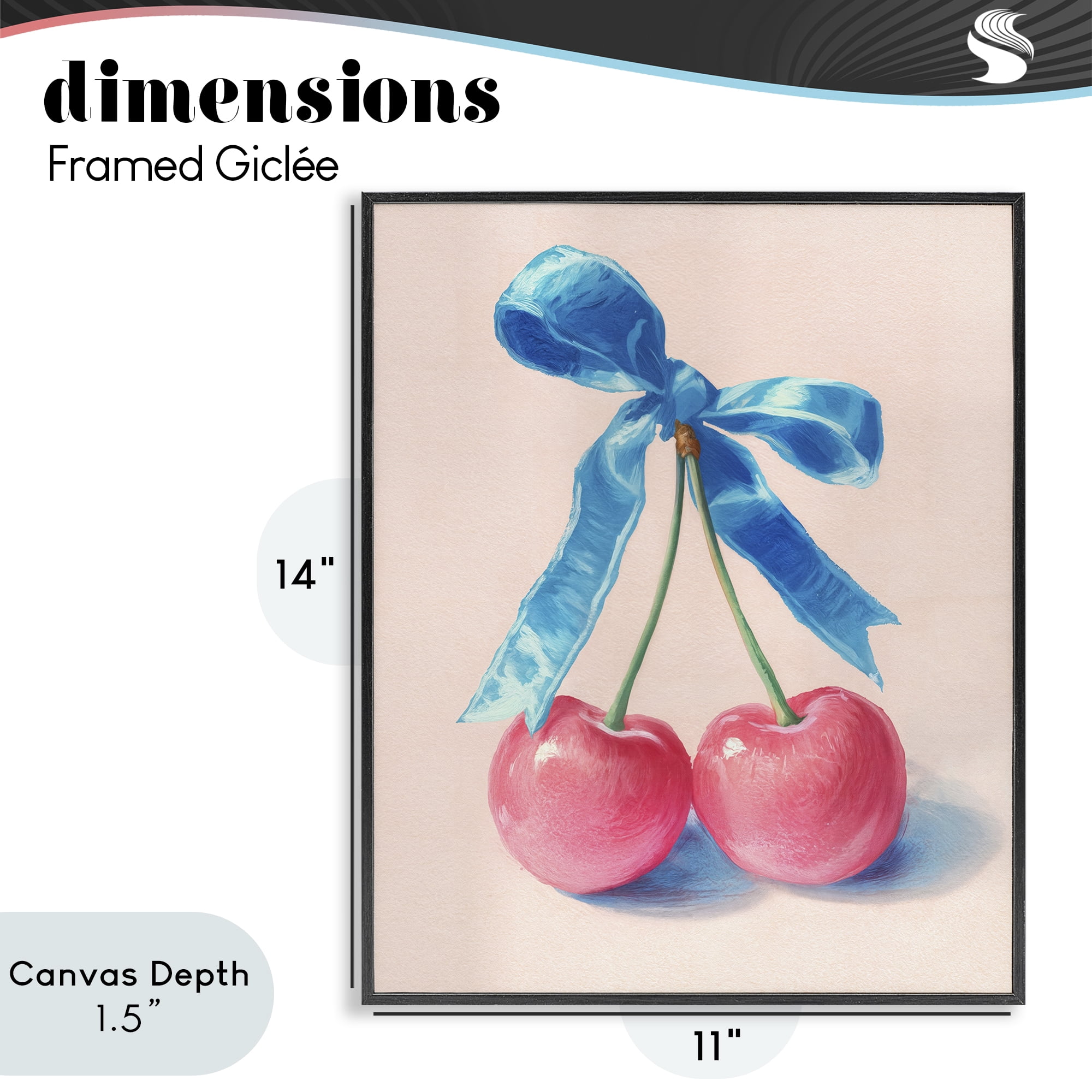 Stupell Industries Twin Cherries with Blue Ribbon Black Framed Giclee Art, design by Imagine It Images