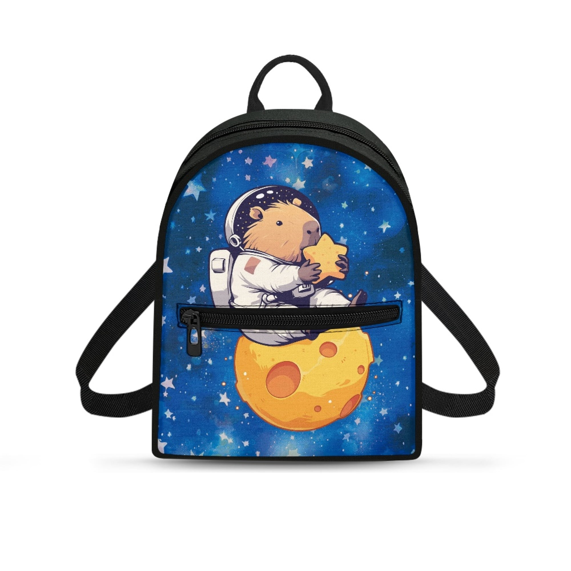 Eheartsgir Capybara Astronaut Starry Sky Small Backpack for Dating Travel Front Pocket Lightweight Daypack Polyester Smooth Zipper Mini Backpack