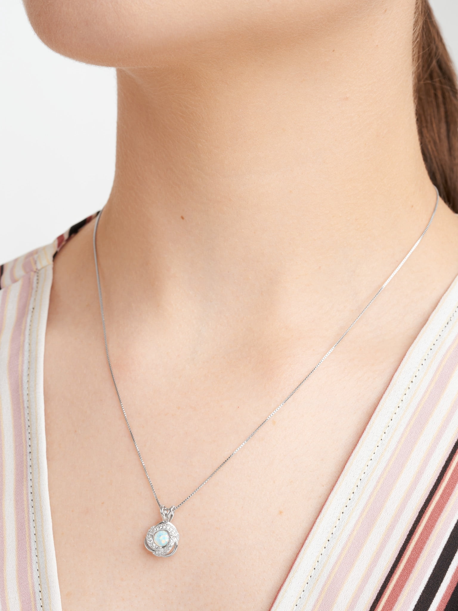 Rhodium Plated Sterling Silver Created Opal October Birthstone Love Knot Pendant Necklace for Women Gift for Her