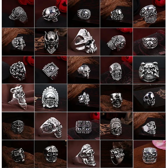 HOOUN 50pcs Lot Vintage Skull Skeleton Jewelry Rings Punk Mixed Style Rings For Man
