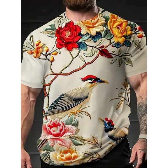 Men'S Casual Round Neck T-Shirt Featuring a 3D Bird And Peony Flower Print, Regular Short Sleeves for Summer, Adult Top, Available in Plus Sizes