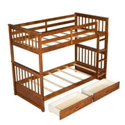 Bellemave Bunk Beds with Storage Drawers, Solid Wood Twin Over Twin Bunk Beds Frame with Ladders for Teens Adults (Walnut)