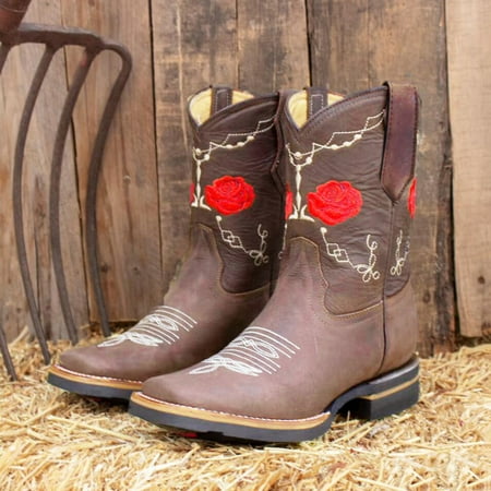 

Ladies Casual Comfort Boots Shoes Western Boots For Women Rose Flower Embroidery Cowboy Boots Mid Calf Chunky Heel Retro Pull On Boots