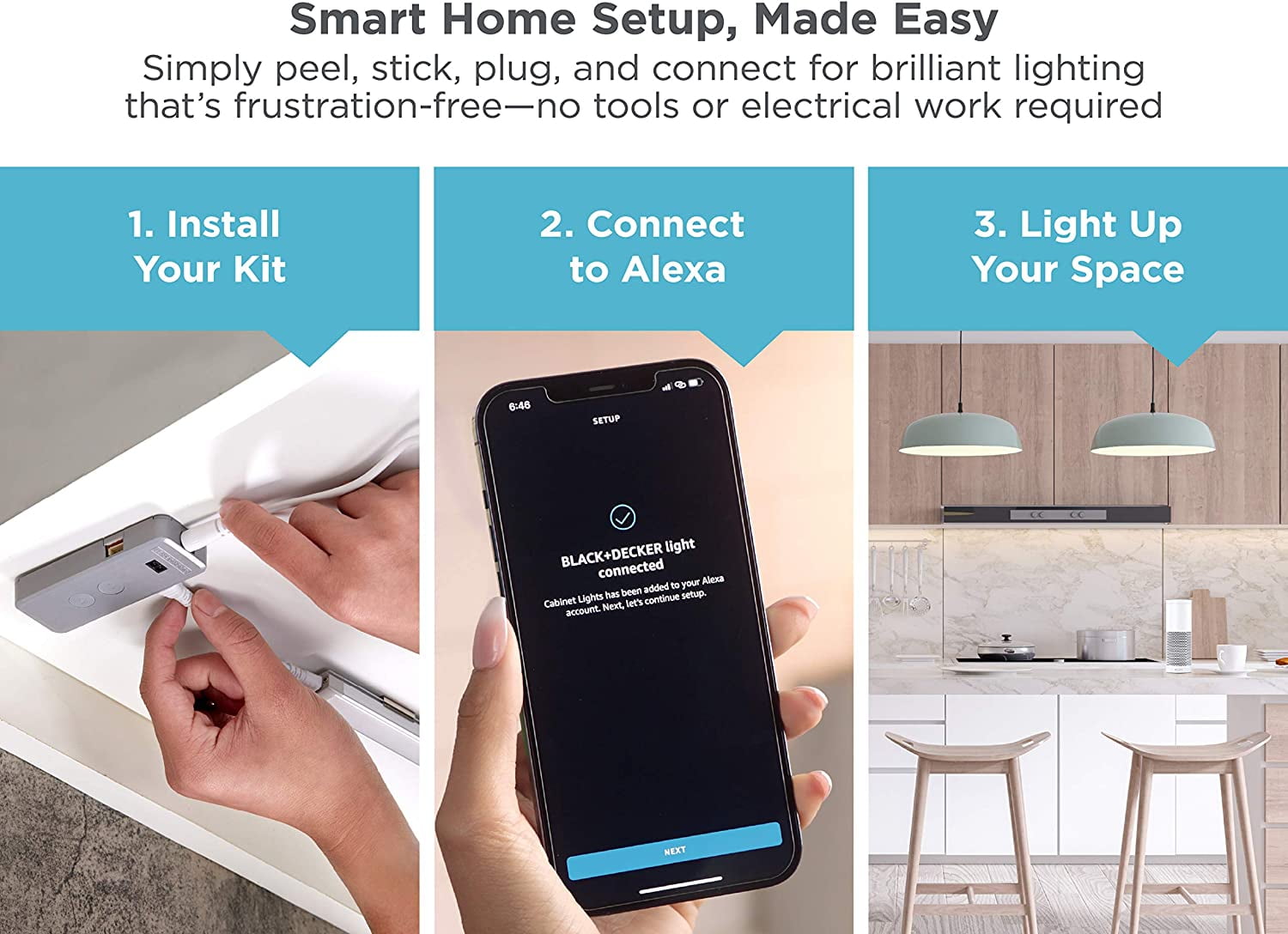 BLACK+DECKER Works with Alexa Smart Under Cabinet Lighting, Adjustable  LEDs, 18 Bar, White,A Certified for Humans Device