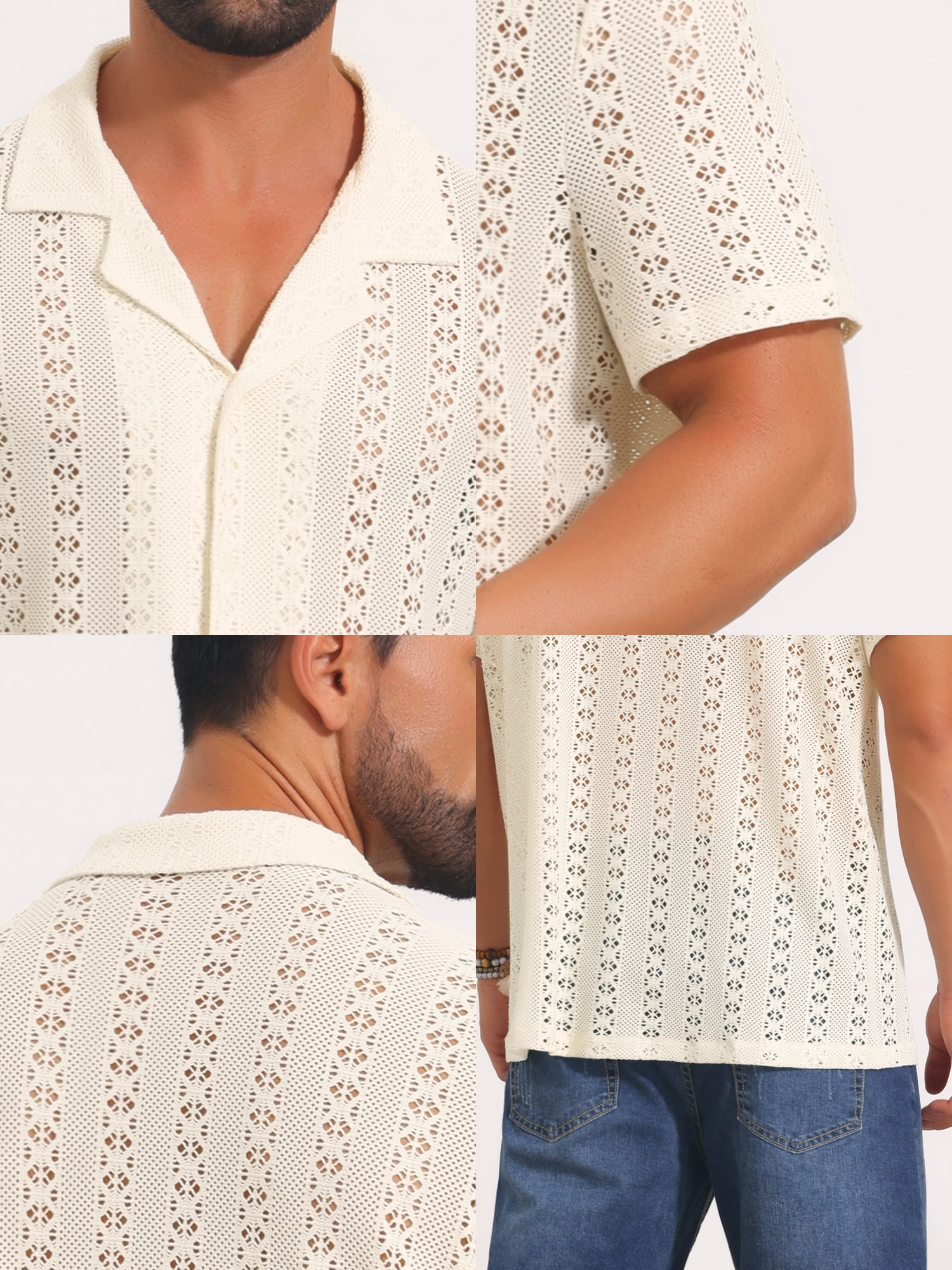 DARING DIVA Men's Hawaiian Camp Collar Button Down Short Sleeve Textured Shirts L Beige
