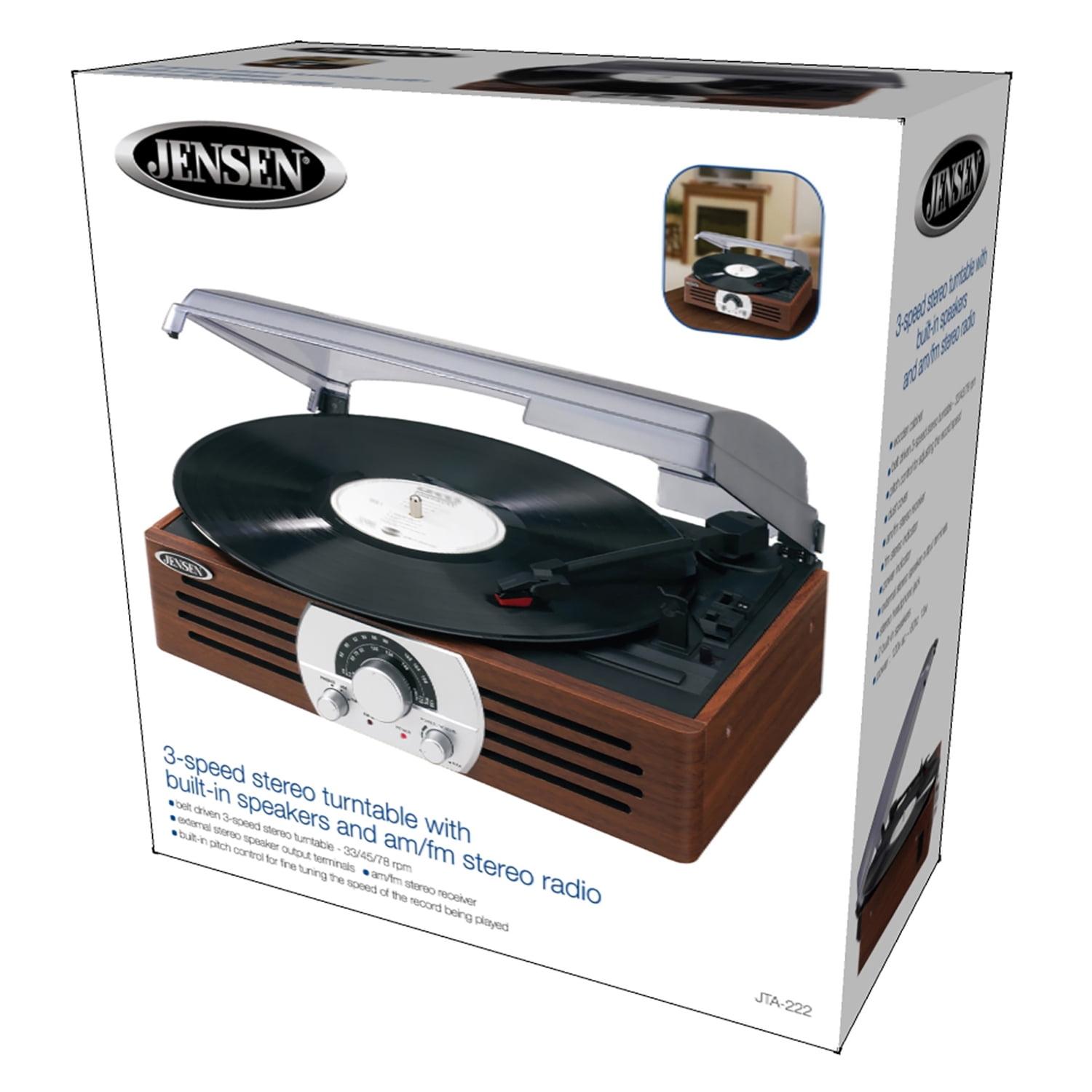 JENSEN 3-Watt 3-Speed Belt-Drive Manual Retro Turntable with Built-in Speakers, Pitch Control, AM/FM Radio, Antique Wood Case Design, JTA-222