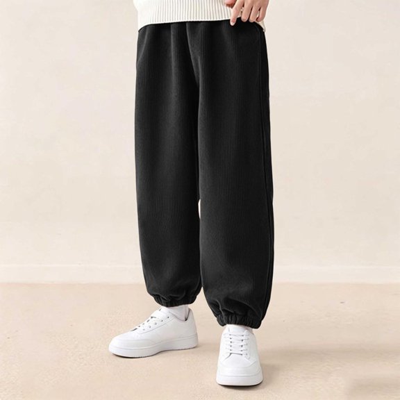 WQNVRNR Boys Girls Jogger Sweatpants Corduroy Fall Elastic Waist Elastic Cuff Casual Pants with Pockets Black 11-12 Years