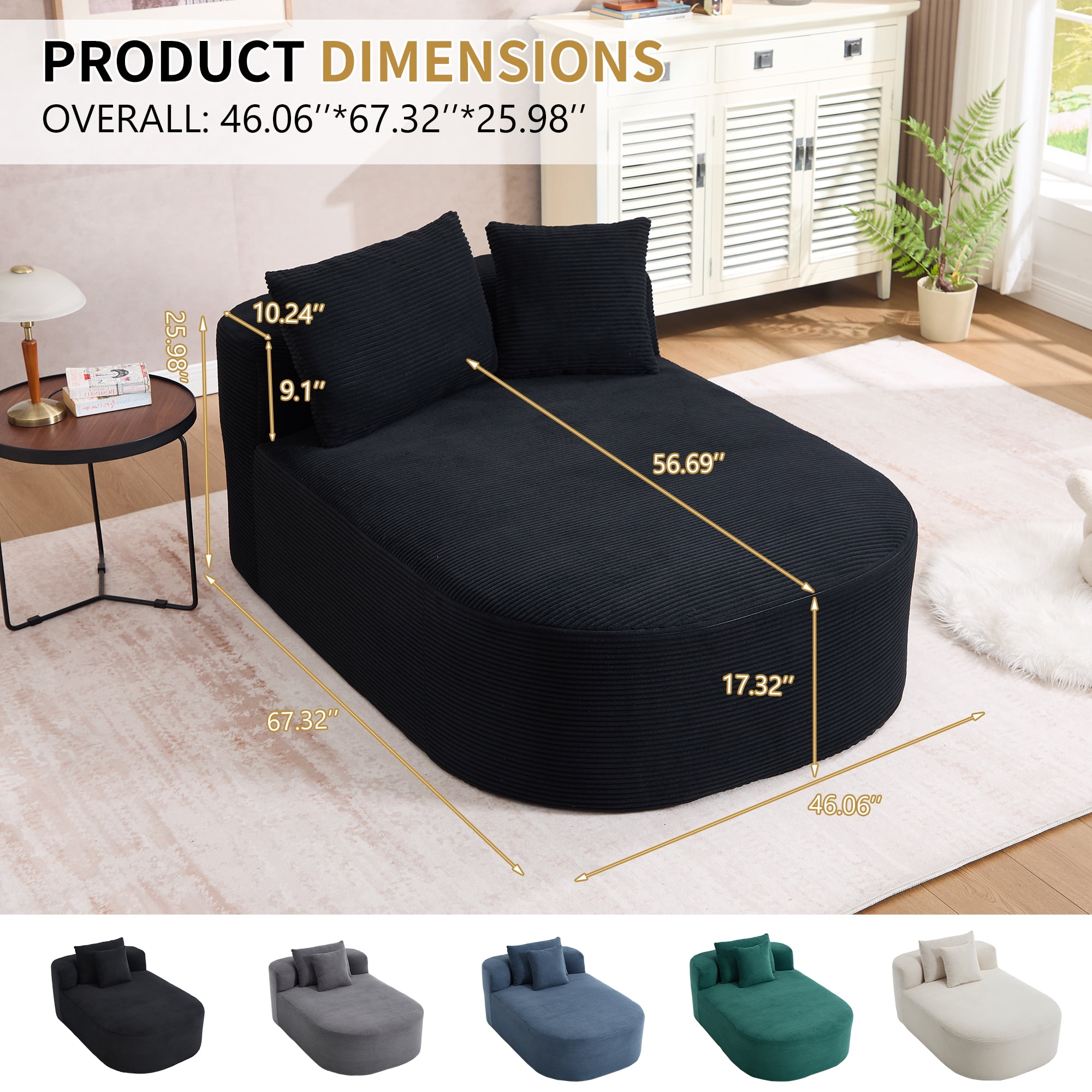 Sleeper Sofa, Chaise Lounge Chair, Oversized Convertible Sofa Bed with Deep Plush Corduroy Seat, No Assembly Required, for Living Room Lounging, Black