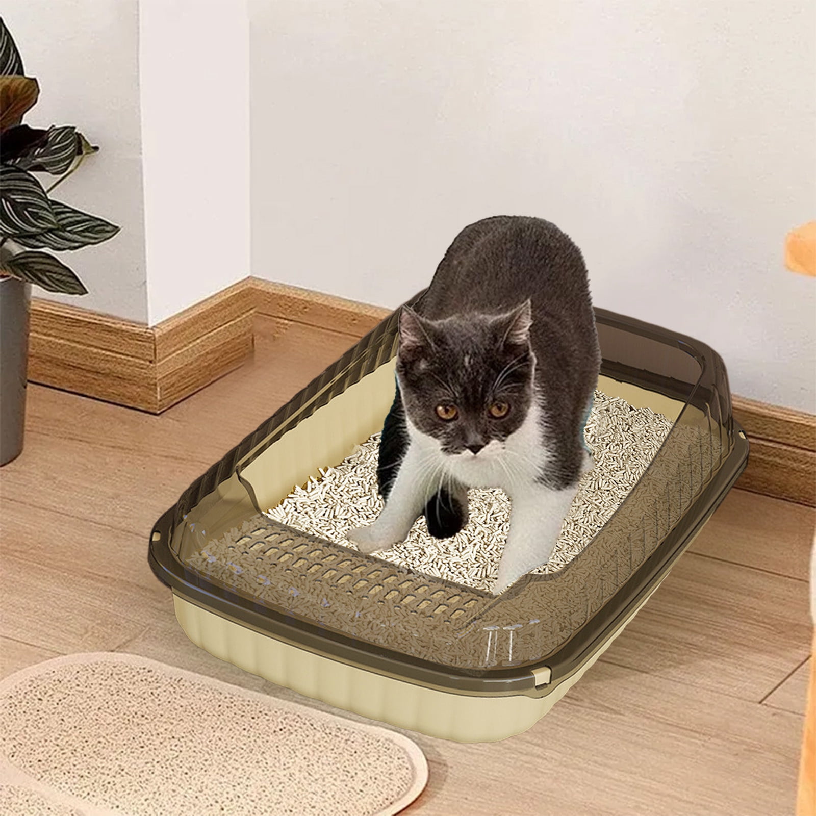 Premium Semi Enclosed High Side Cat Litter Box with Splashproof Design & Matching Scoop, Spacious, Durable & Easy to Clean