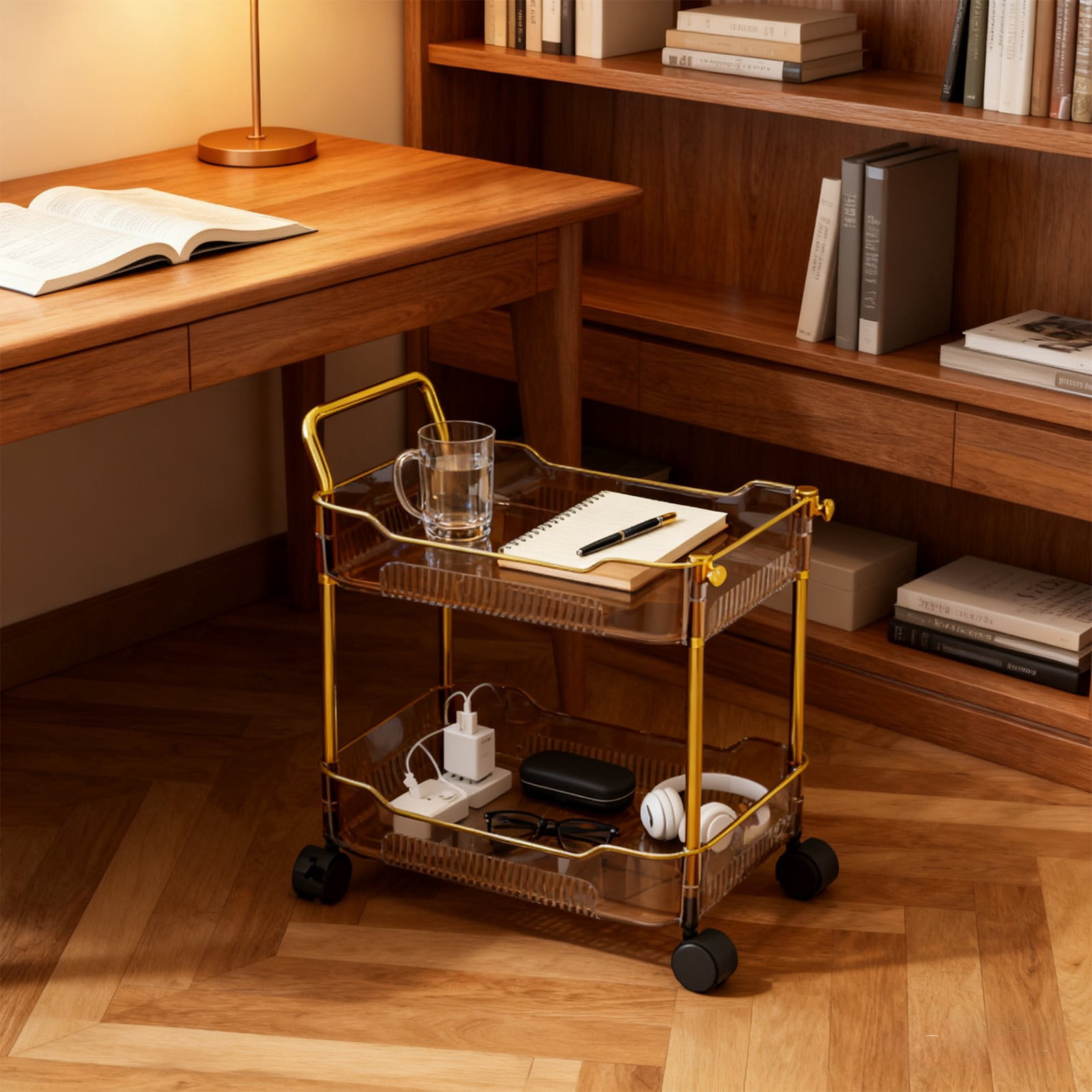 IMossad Two-Tier Transparent Rolling Cart – Practical Storage Cart with Handles and Locking Swivel Wheels for Kitchen, Office, Bedroom, and Home Organization