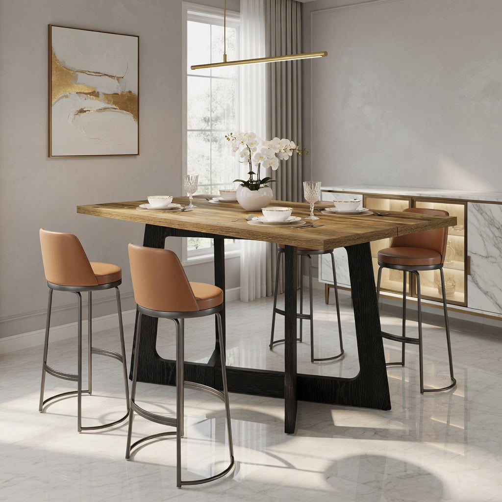 Hommoo 47 Inch Farmhouse Dining Table for Small Spaces, Sturdy Pedestal Kitchen Table for 2 to 4 People, Wood Grain & Black Metal Industrial Design, Brown