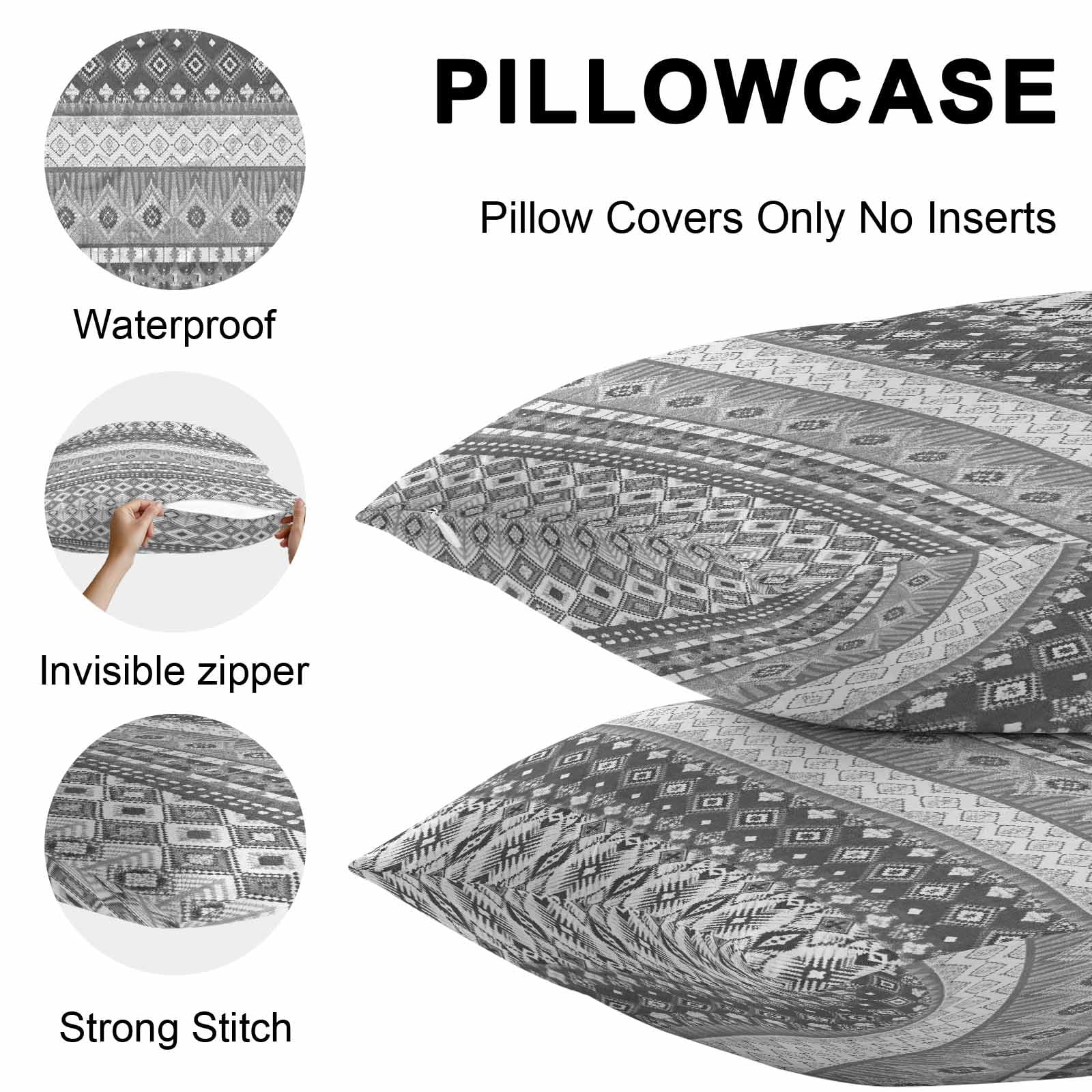 Outdoor Waterproof Throw Pillow Covers Set of 2 Black Bohemian Decorative Pillowcases Square Pillows Cushion Case 18x18 Inch Boho Style Floral Leaves Geometric Patio Pillows for Couch Sofa Bed