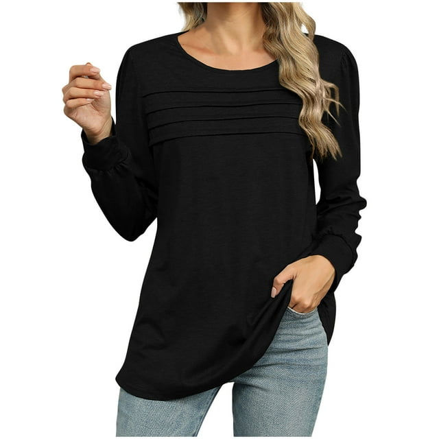 Yuyuzo Womens Fall Shirts Loose Casual Long Sleeve Round Neck Striped Tunic Tops Solid Color Tees