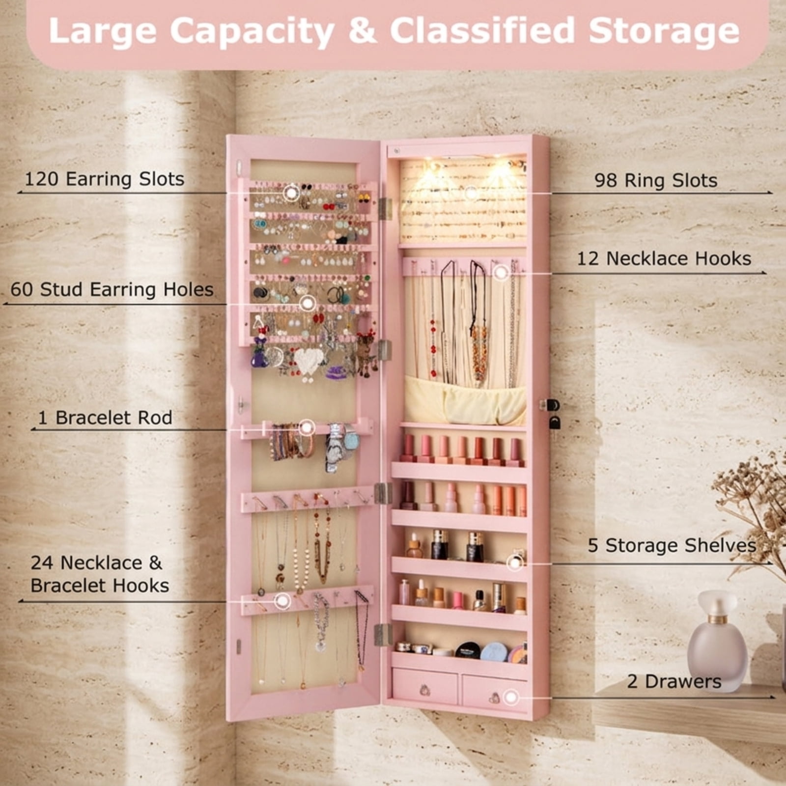 Furnibear Wall and Door Mounted Mirrored Jewelry Cabinet with Lights for Bedroom Dressing Room Jewelry Necklace Rings Storage Mirror, Pink