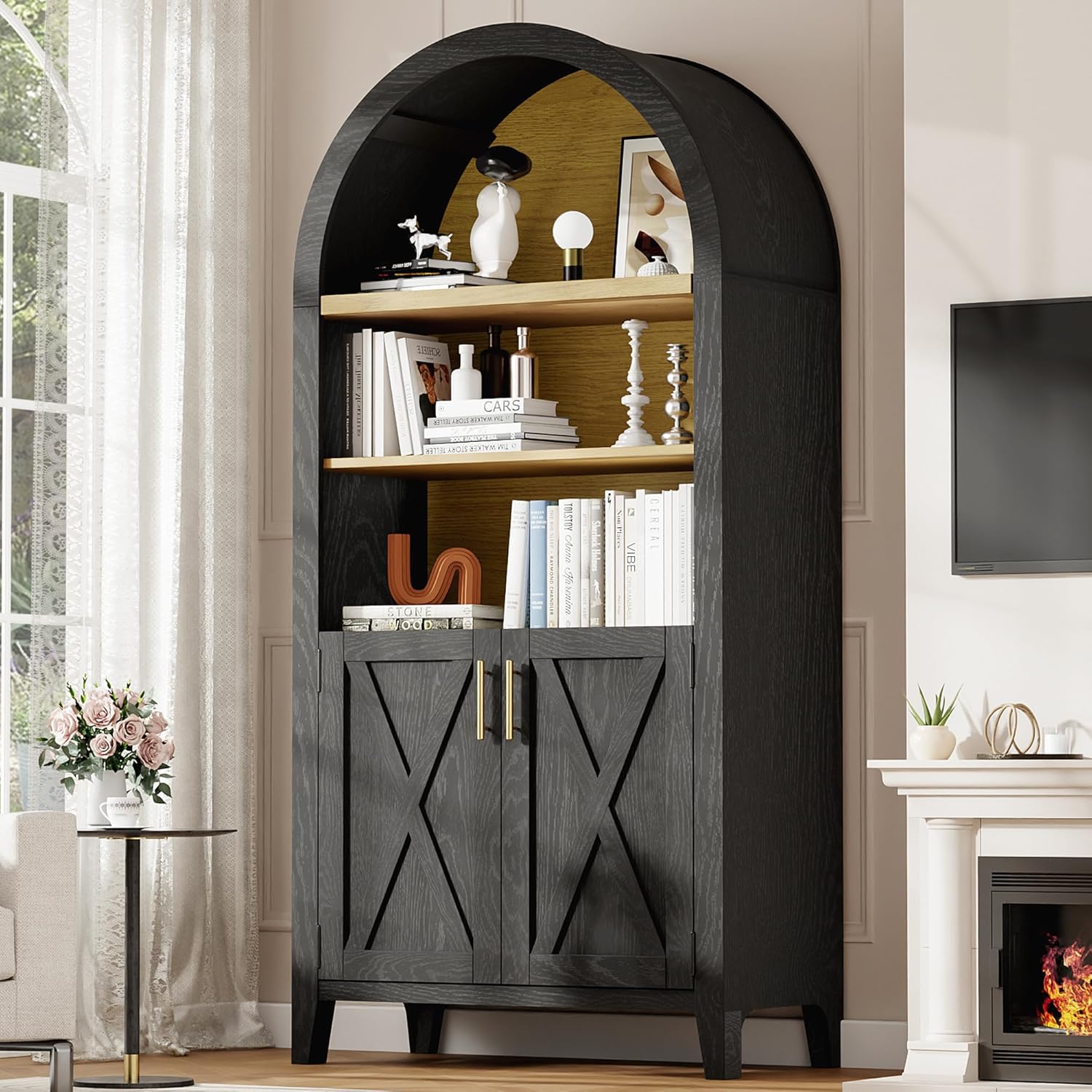 MAYEERTY 63" Arched Storage Cabinet with Beech Wood Door, 5 Tier Farmhouse Arched Kitchen Pantry with Storage for Dining Room, Living Room, Kitchen, Office