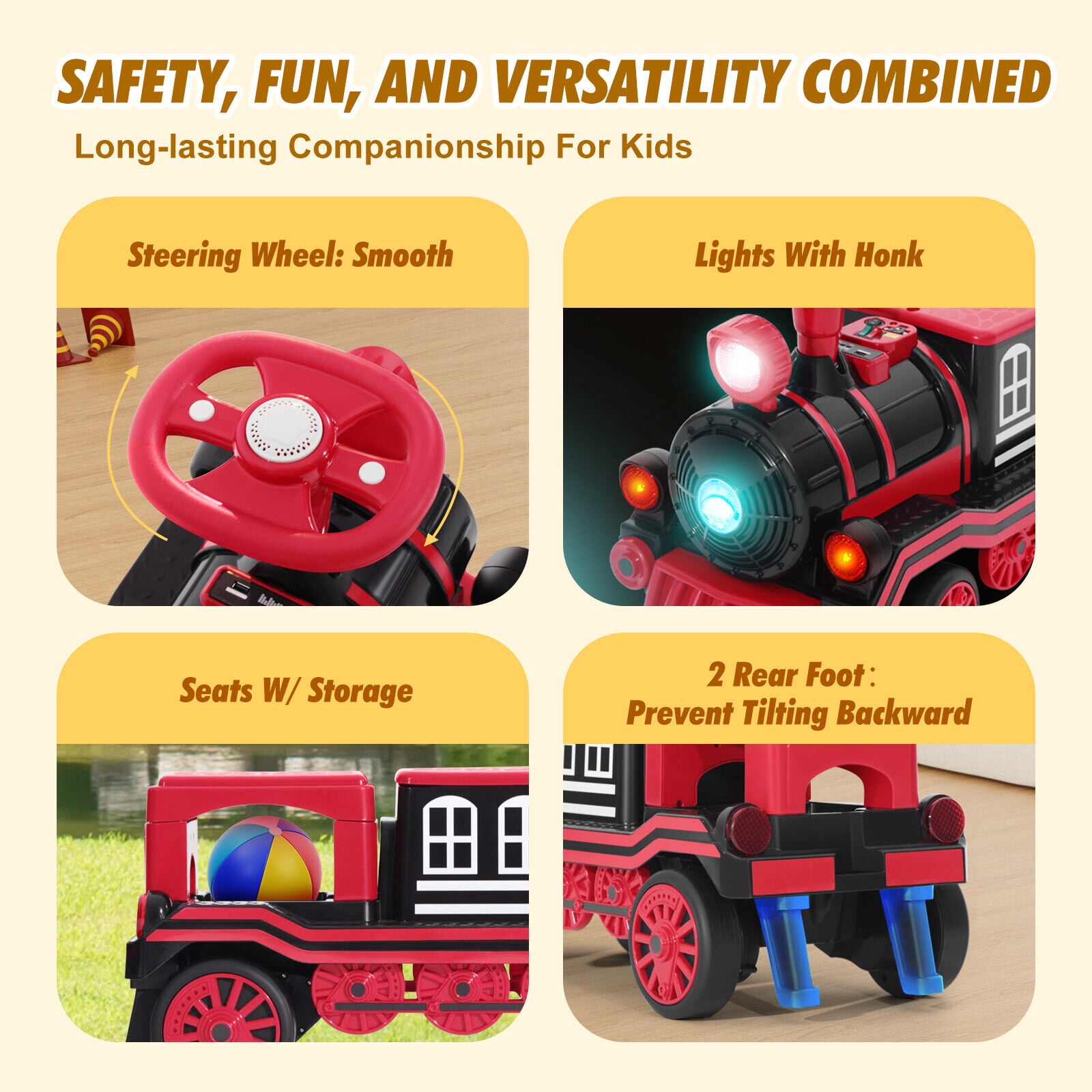 Red 2-Seater 12V Electric Kids Ride On Train Toy Car Boys Girls Gift w/2 Speed,Music,Lights,Honk,Storage,USB,Support to 110LBS