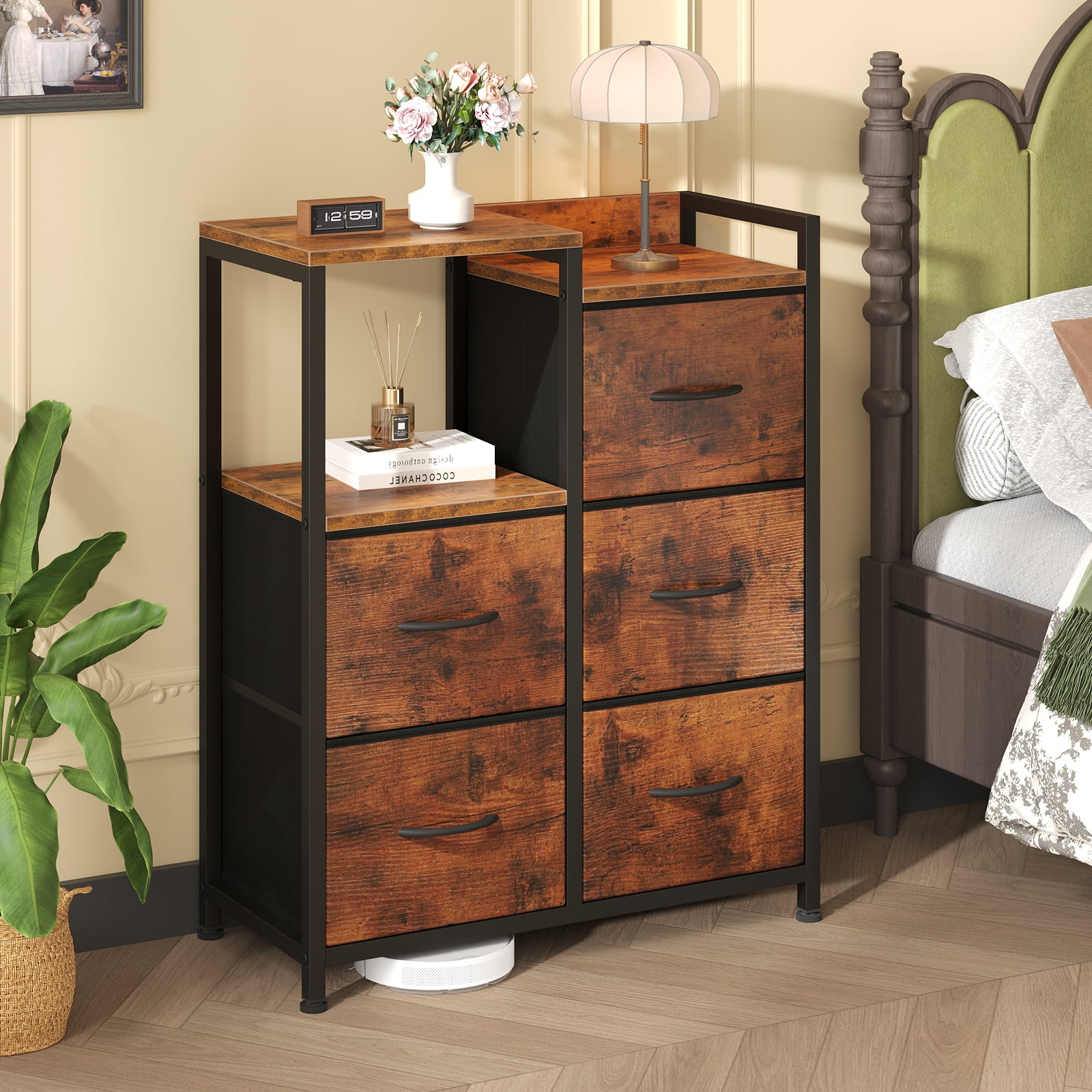 CONCETTA 5 Drawer Fabric Dresser, 2-Tier Shelf Storage Chest, Storage Cabinet for Bedroom, Hallway, Entryway, Rust