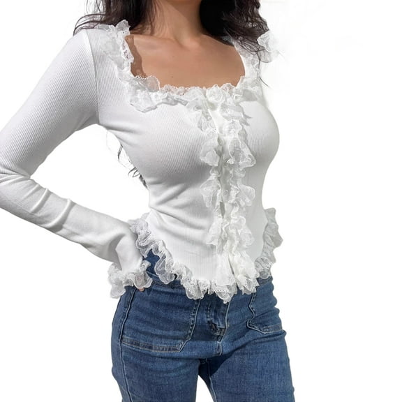 Women'S Long Bell Sleeve Button Down Ruffle Crop Shirt Top Blouses White L