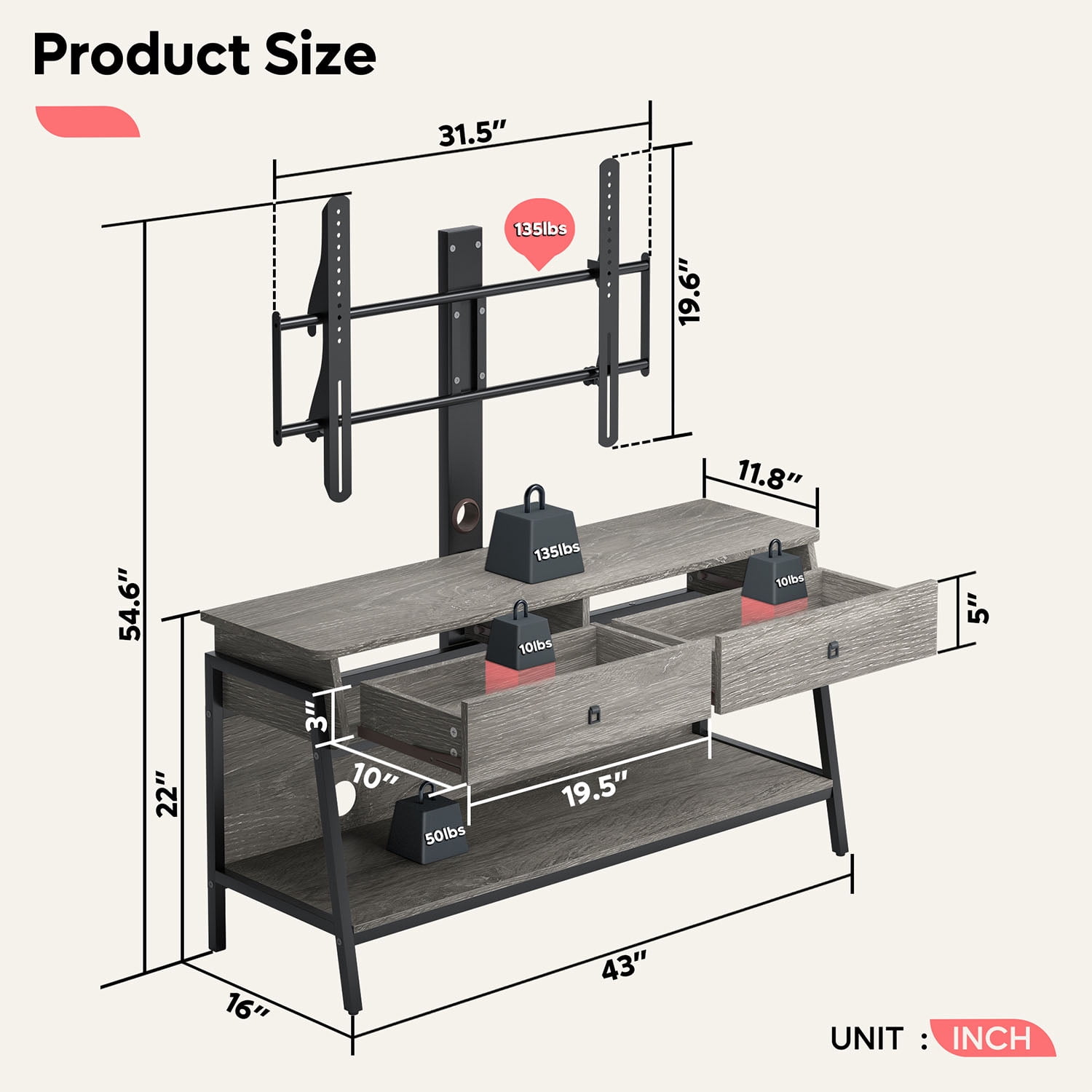Bestier TV Stand for TVs up to 65" with Adjustable Wall Mount, Retro Grey Oak