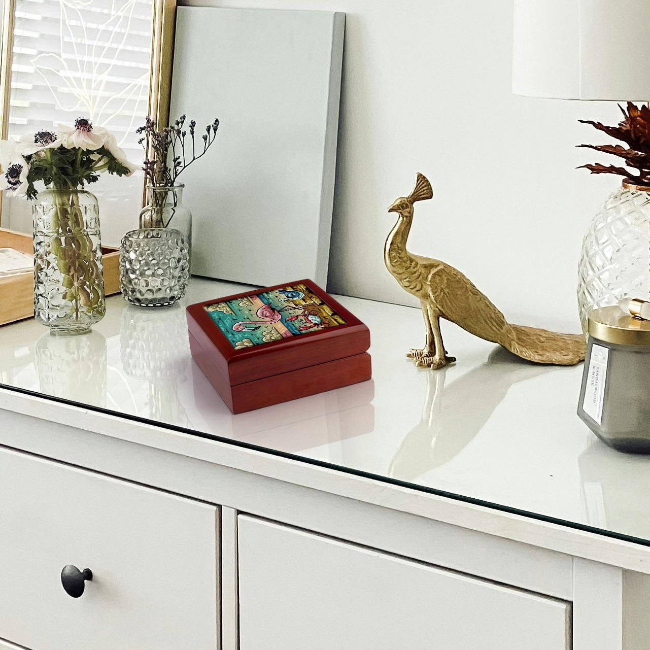 3dRose, Funny Cool Colorful Pink Flamingo and Crab and Seagull Beach Graffiti , Jewelry Box 5.5x5.5 inch with 4 inch tile
