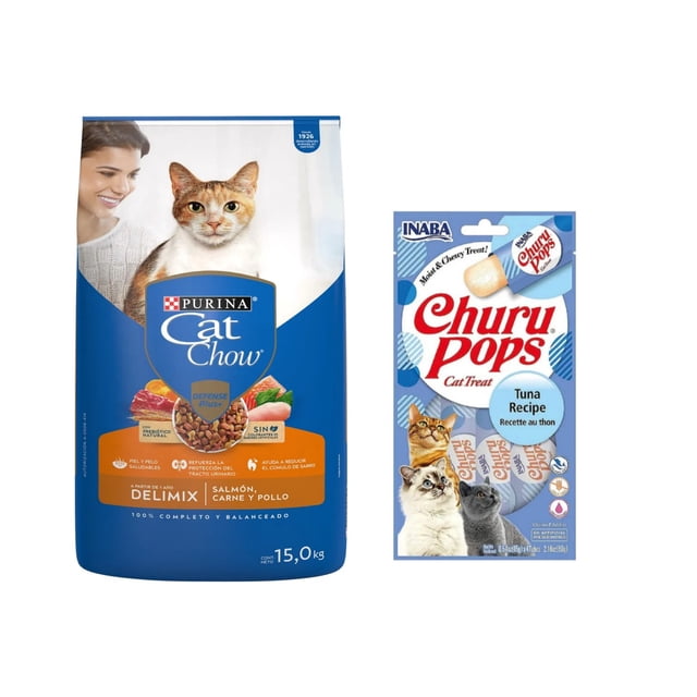 Cat Chow Delimiix Defense Plus 15 kg + Churu Pops Atún Snack 4 tubos de 15g