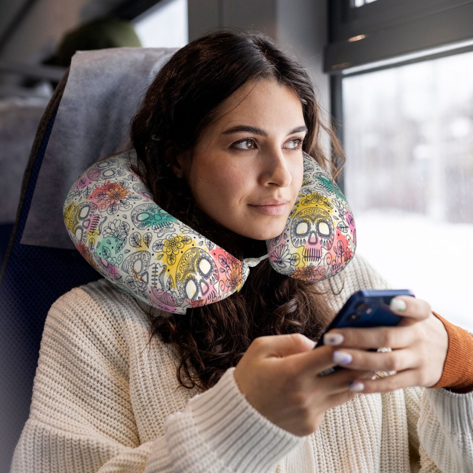 Xecao Skull and Flowers Print Memory Foam Cervical Neck Pillow Versatile U-Shaped Pillows for Home,Office,Camping,Travelling,Soft Washable Cover
