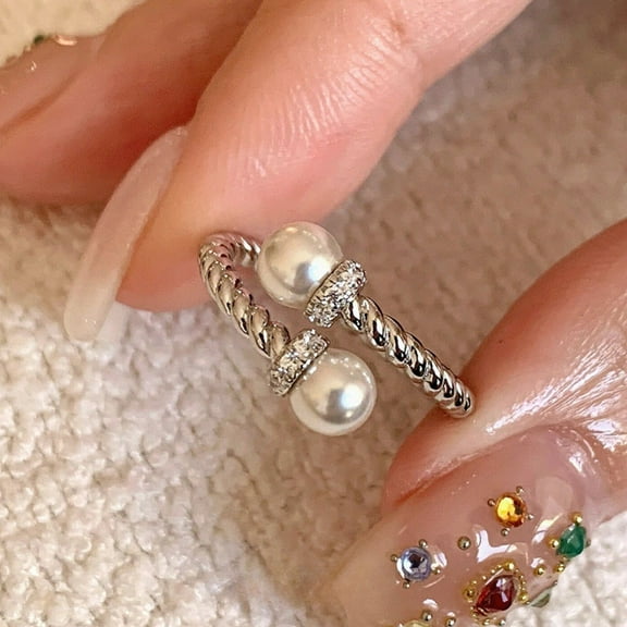 Open Mouth Double Pearl Ring: Geometric Copper Design with Electroplating Finish for Women