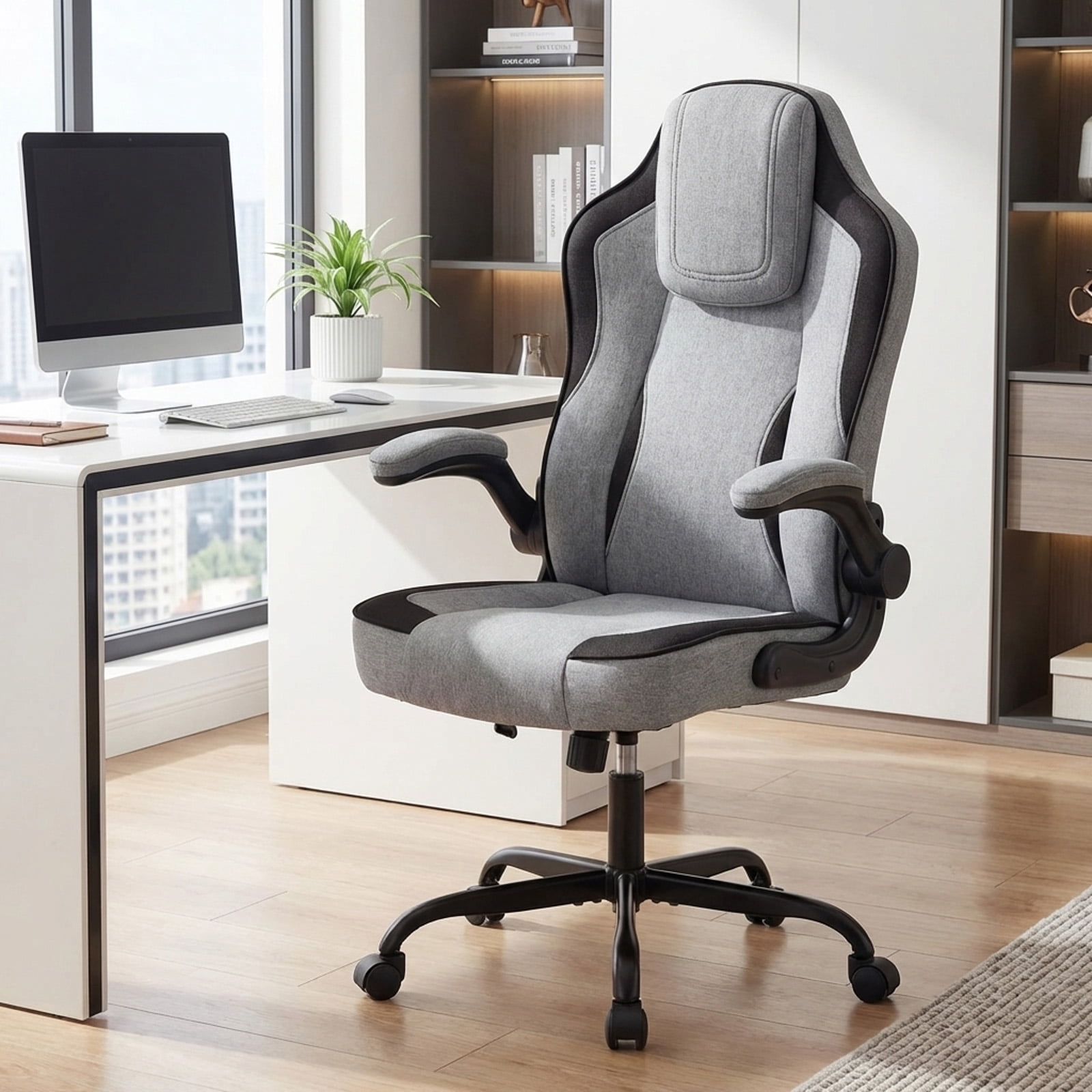 Furnibear Ergonomic Office Chair High Back Executive Desk Chair with Flip-up Armrests, Headrest, Lumbar Support, Computer Chair for Home Office, Gray