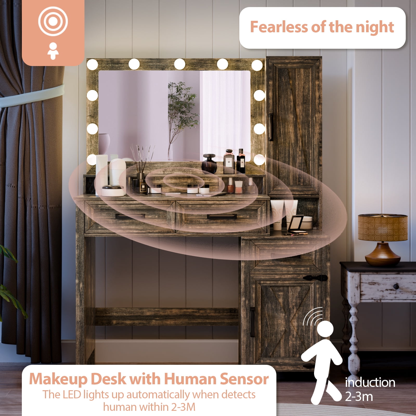 MAYEERTY 45.3" Vintage Brown Vanity Desk with LED Mirror, Sensor Light, USB Charging & Jewelry Cabinet for Bedroom