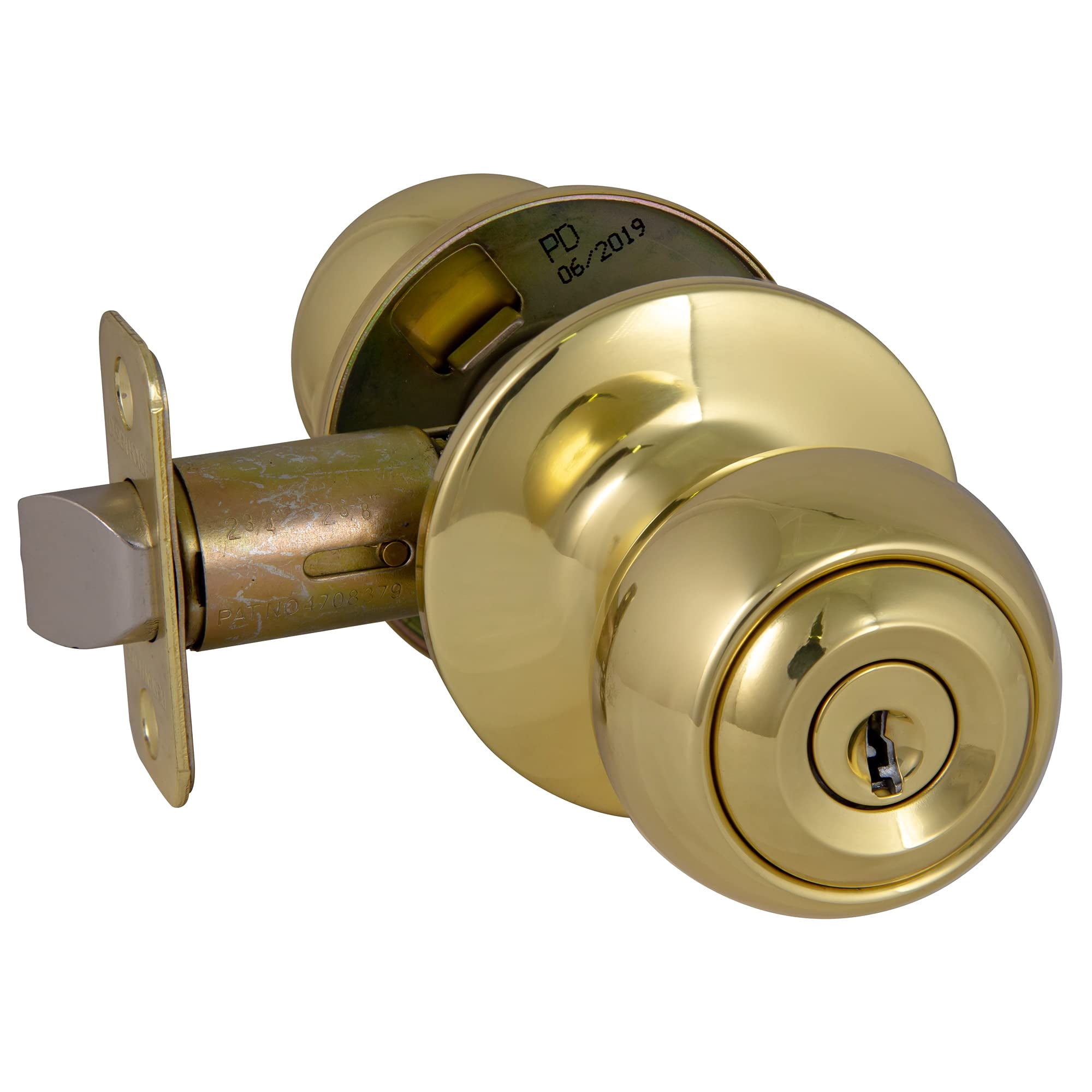 Pemberly Row Ball Keyed Brass Entry Door Knob in Polished Brass