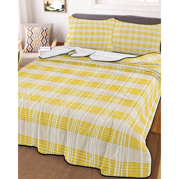 Twin Quilt Bedding Set, Abstract Yellow Plaid Vintage Grid Lightweight Coverlet Summer Comforter Set Soft Microfiber Bedspread, Retro Farmhouse Style 3 Piece Quilt Set with 2 Pillow Shams