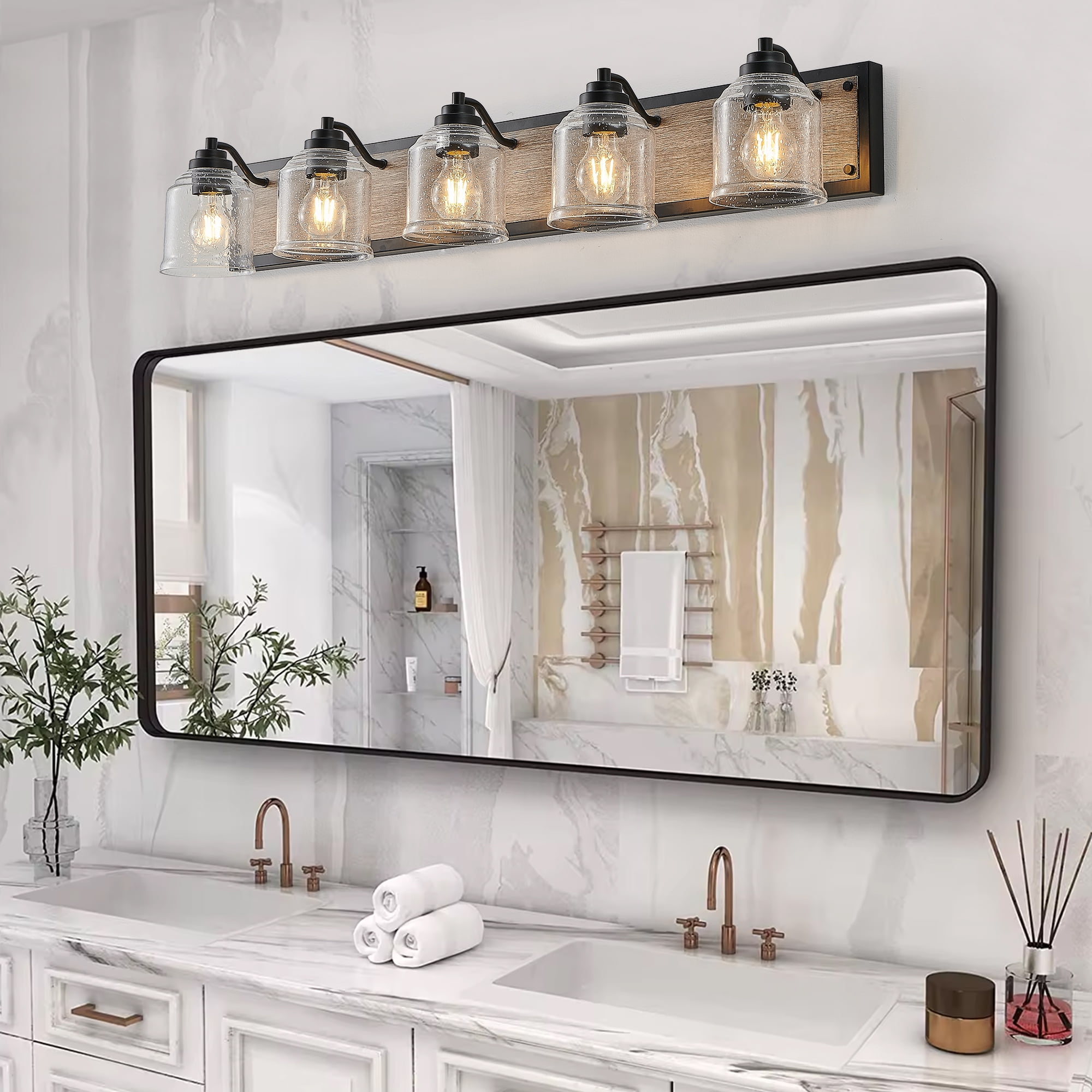 5-Light Farmhouse Bathroom Vanity Light, 40 Inch Rustic Wall Sconce with Wood Finish and Bubble Glass Shades