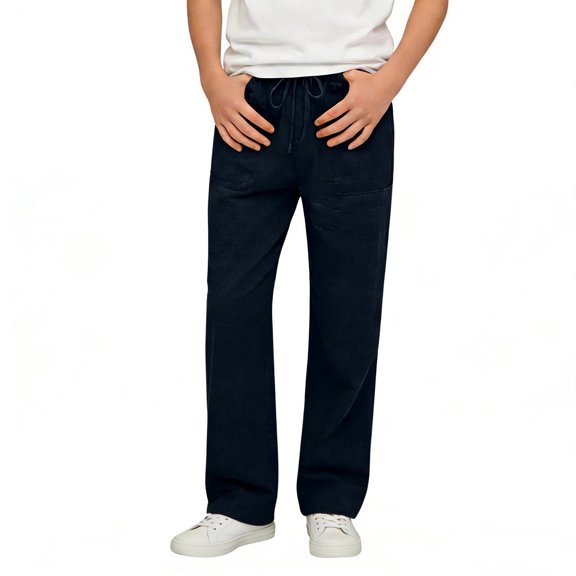 Mwjwdo Big Kids Boys Linen Blend Straight Pants, Solid Color with Large Pockets, Breathable Sports Casual Long Trousers Navy 6 Years