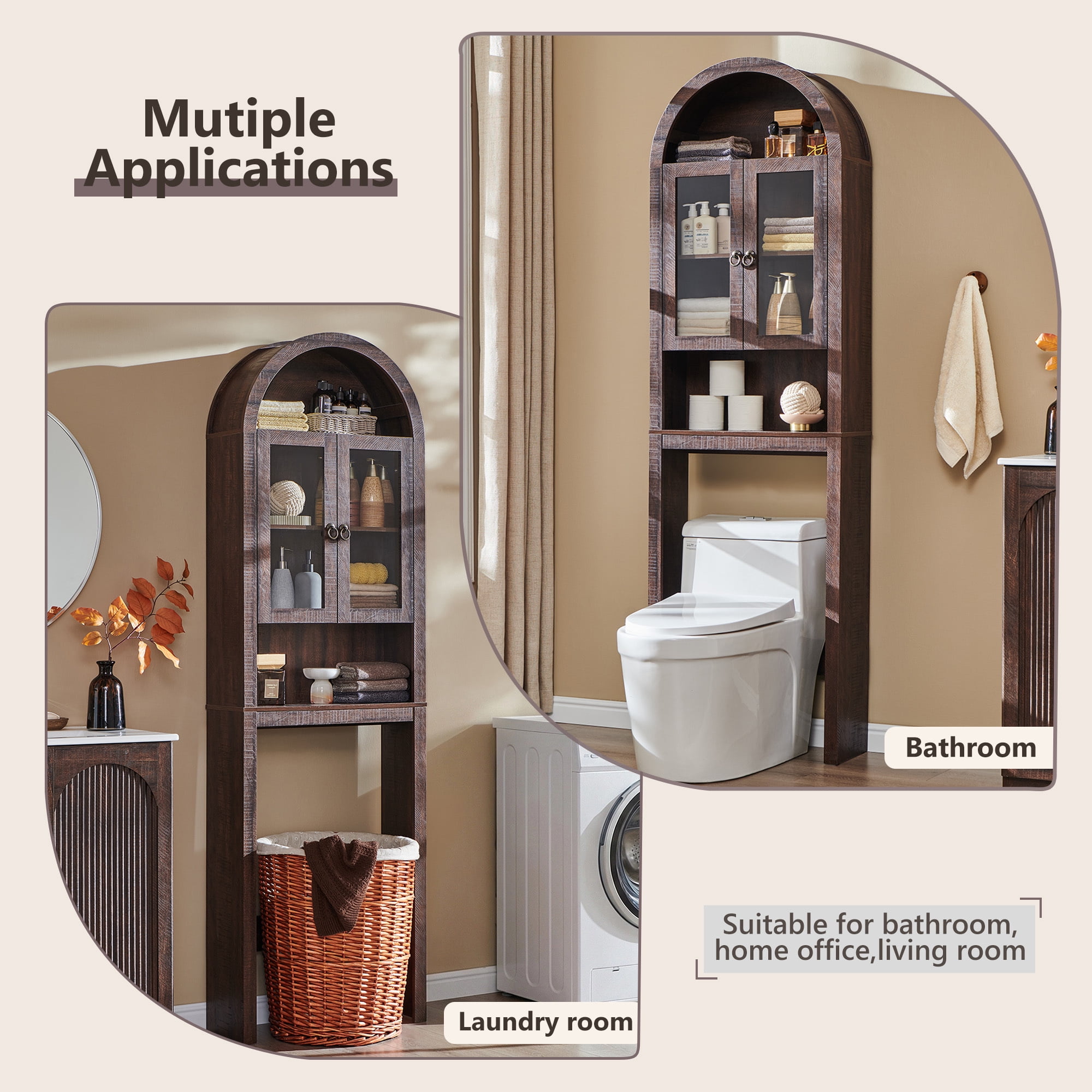 SinCiDo Arched Over The Toilet Storage Cabinet, Modern Bathroom Shelf Over Toilet with Acrylic Doors, Wooden Bathroom Space Saver Organizer above Toilet with Adjustable Shelf