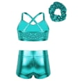 thumbnail image 2 of Miaeowve Kids Girls Dance and Gymnastics Outfits Set 3Pcs Shiny Sequins Sports Bra Crop Top with Shorts and Scrunchie Lake Blue 12, 2 of 7