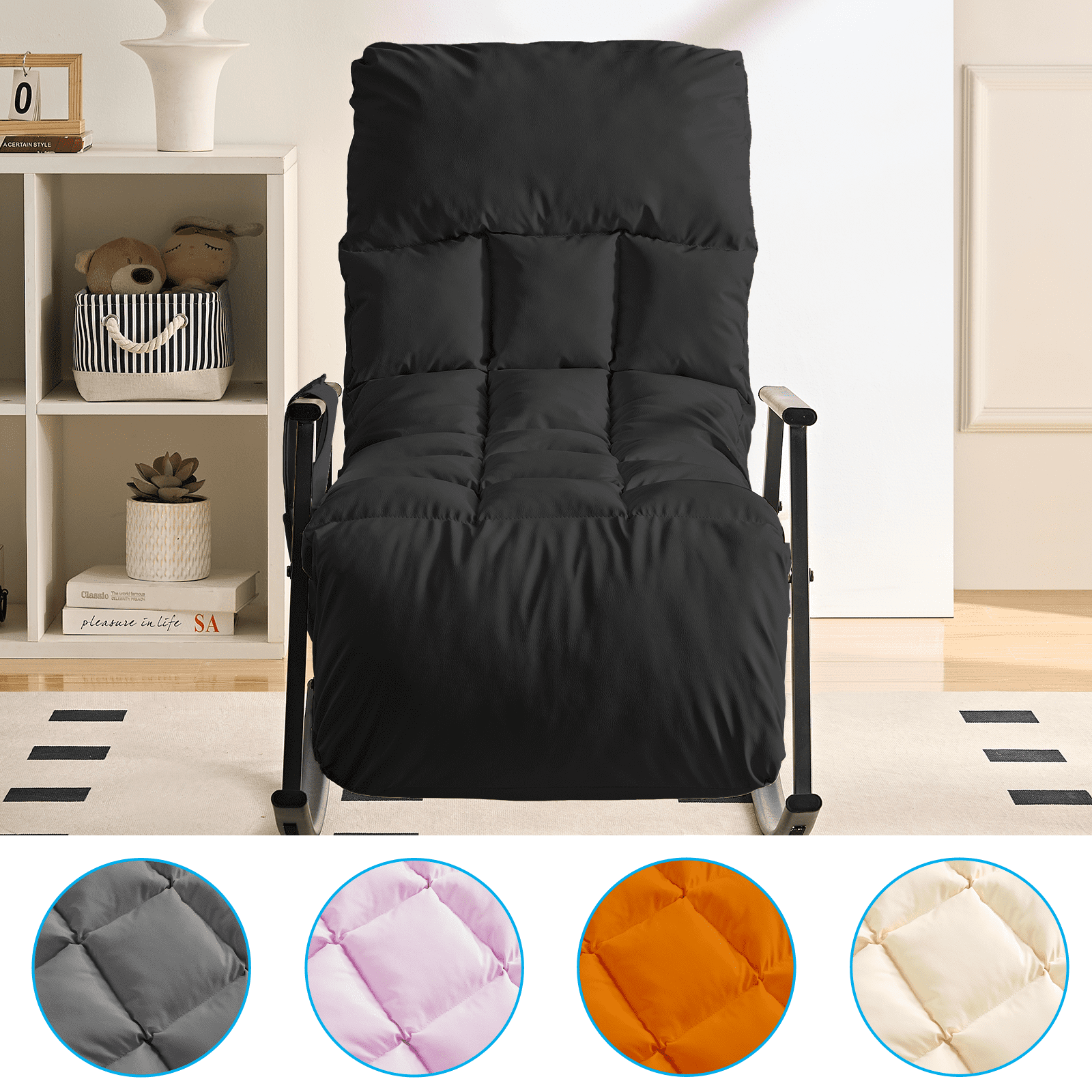 BALUS Rocking Chair, Leather Nursery Recliner with Adjustable Backrest & Footrest, Side Pockets, Modern Living Room Seating Space-Saving Design, Black
