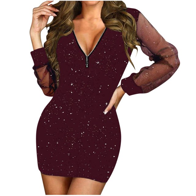 FAIWAD Robes de Soirée pour Femmes Robe à Paillettes en Maille Manches Longues Col en V Fermeture Éclair Élégante Robe Cocktail Mini