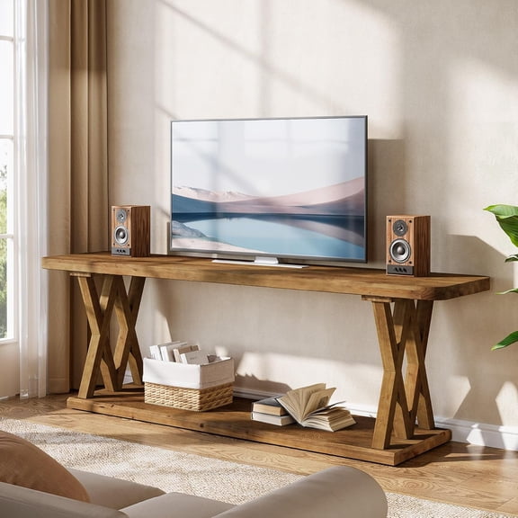 Finmind 63" Solid Wood TV Stand for TVs up to 70 Inches, Media Console Television Stands for Living Room, Brown