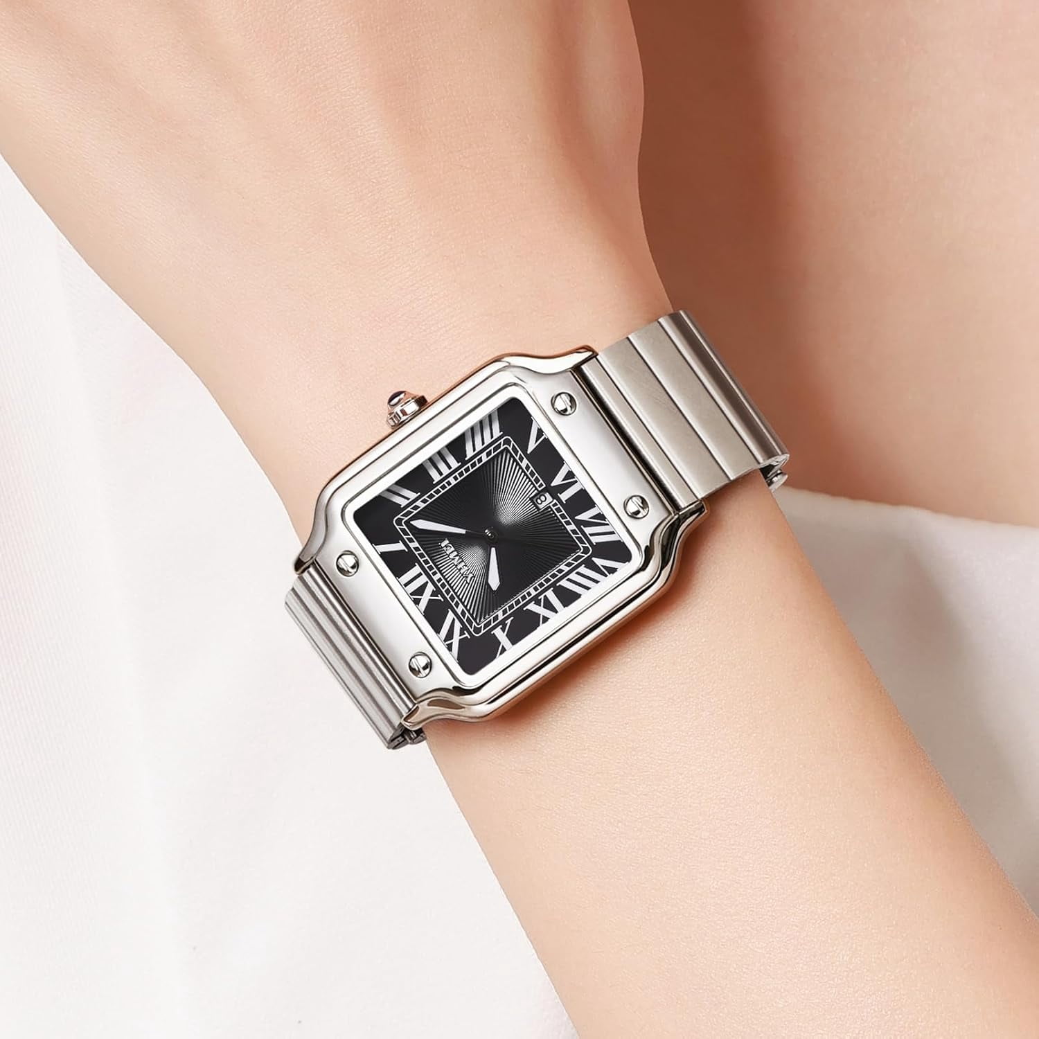 Unisex Classic Square Roman Numerals Silver Analog Waterproof Watches for Women Men Stainless Steel Strap Date Display Casual Wristwatch