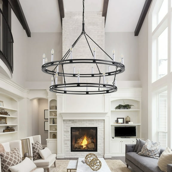 Aiwen 2 Tiers Wagon Wheel Chandelier Retro Foyer Hanging Ceiling Lamp